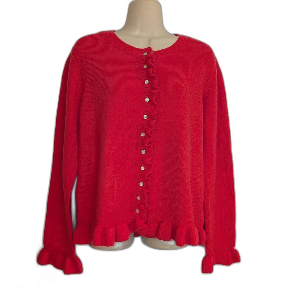 CeCe Hibiscus Red Ruffle Cardigan Button Front Sweater Women’s Large